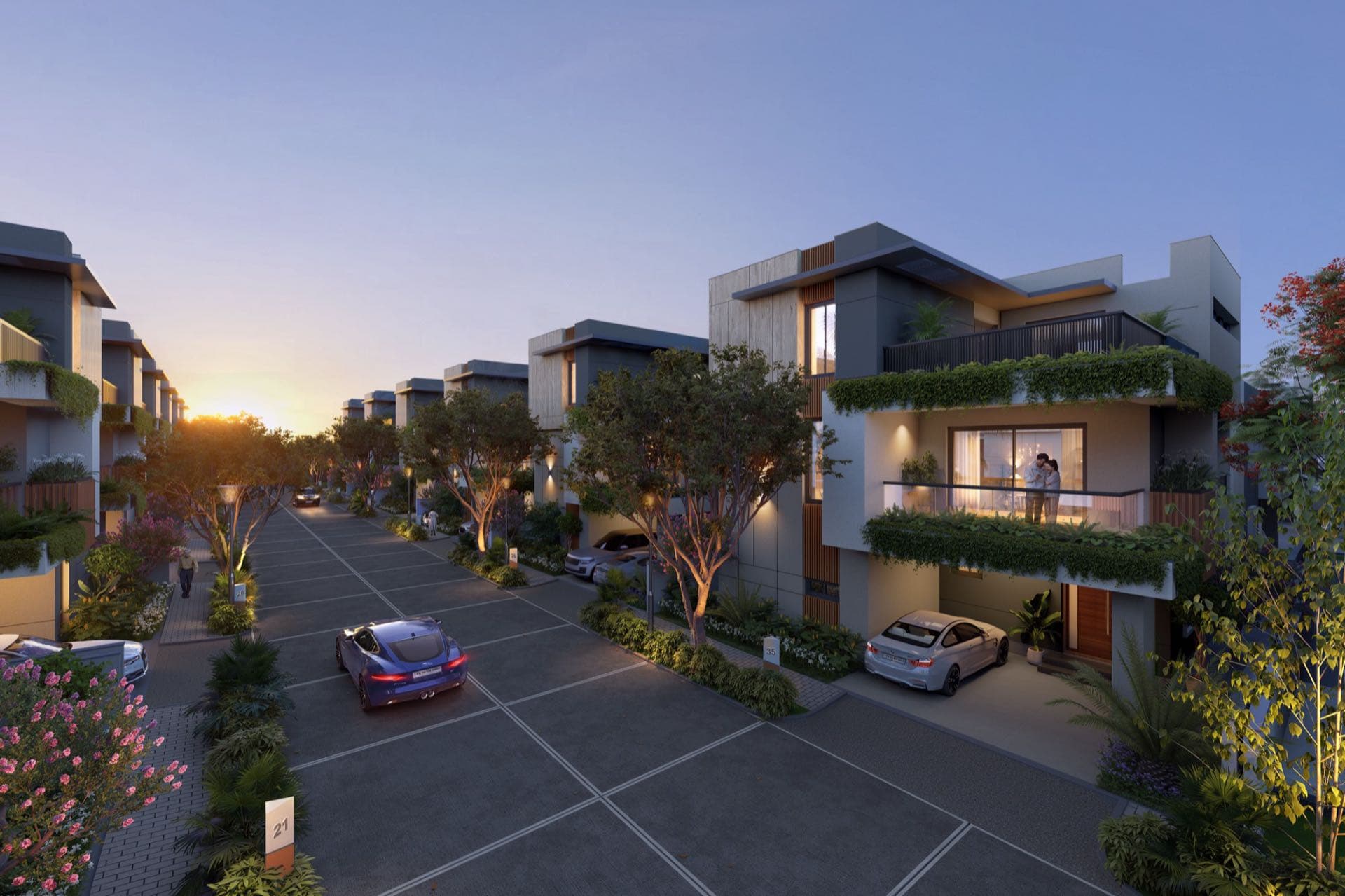Villa street at dusk